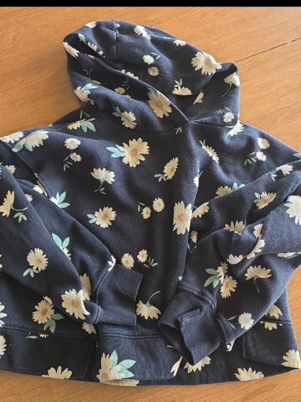 Black Floral Hoodie with Cream Daisies